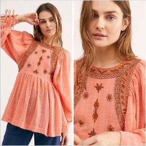 Free People Birdie Bali Embroidered Tunic Top Coral Women’s Size XS NWT